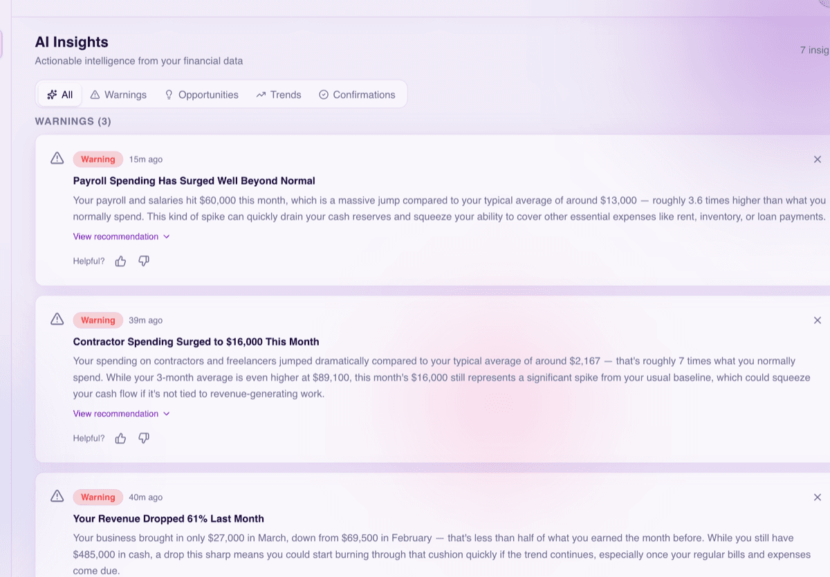 Vectrly AI insights feed showing financial analysis with actionable recommendations