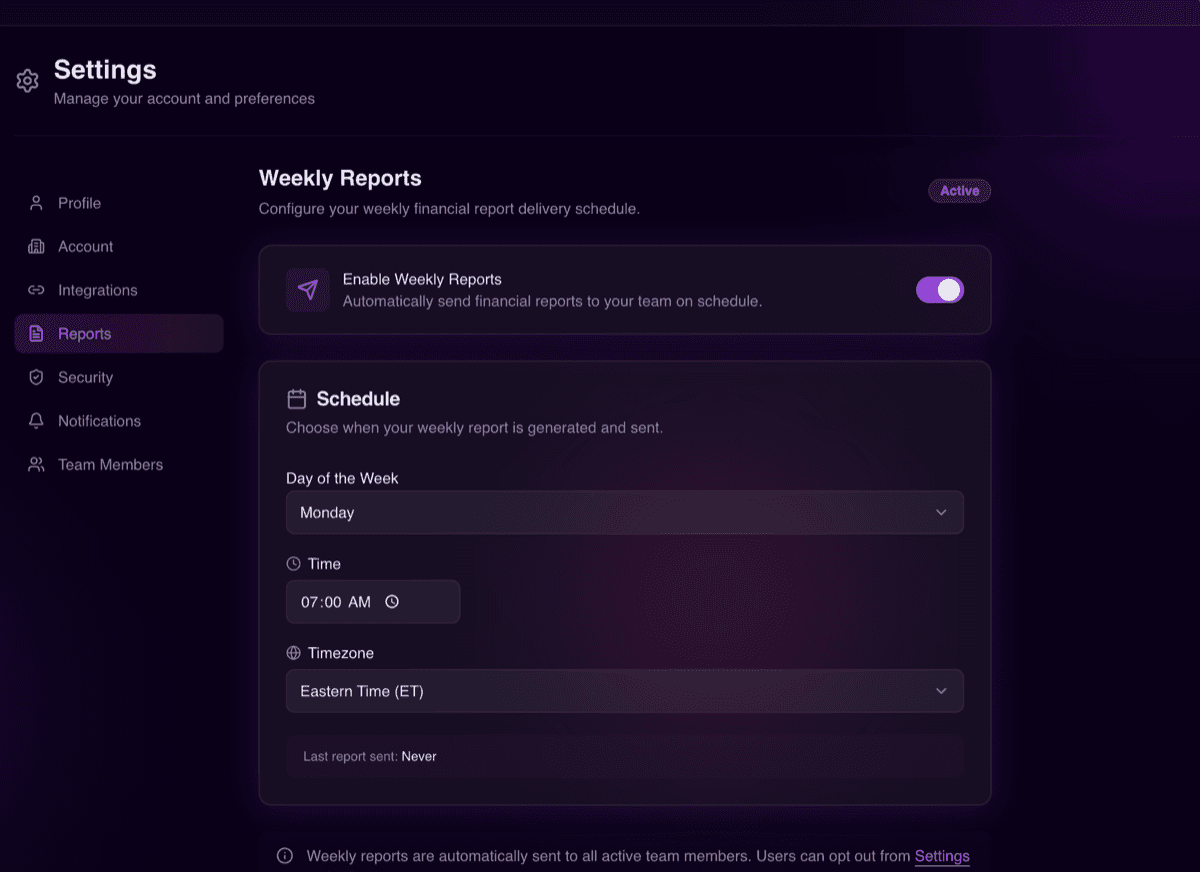 Vectrly weekly report configuration with schedule, timezone, and delivery settings