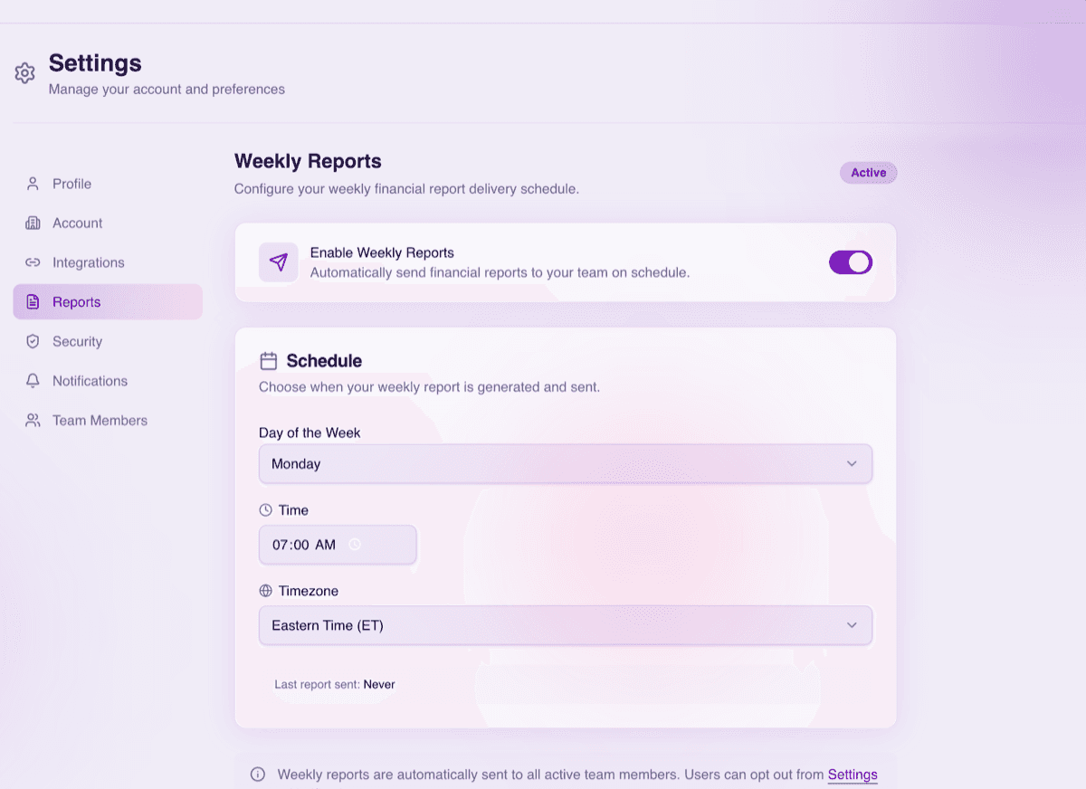 Vectrly weekly report configuration with schedule, timezone, and delivery settings